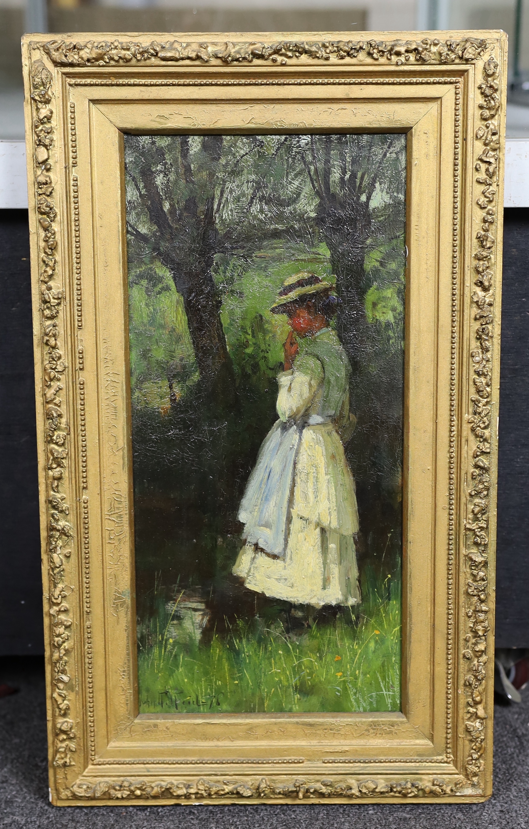 John Robertson Reid (Scottish 1851-1926), oil on canvas, Girl wearing a bonnet, in the shade of trees, signed and dated '76 36 x 17cm., Please note this lot attracts an additional import tax of 5% on the hammer price